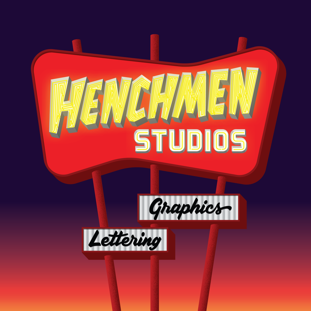 Illustration of a red billboard sign with yellow light up letters spelling Henchmen Studios