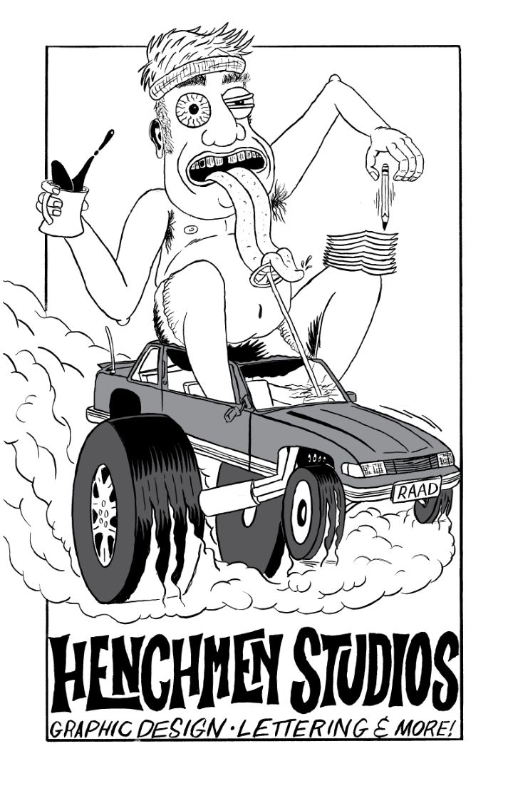 Illustration of funny man driving a car, drawing and drinking a coffee