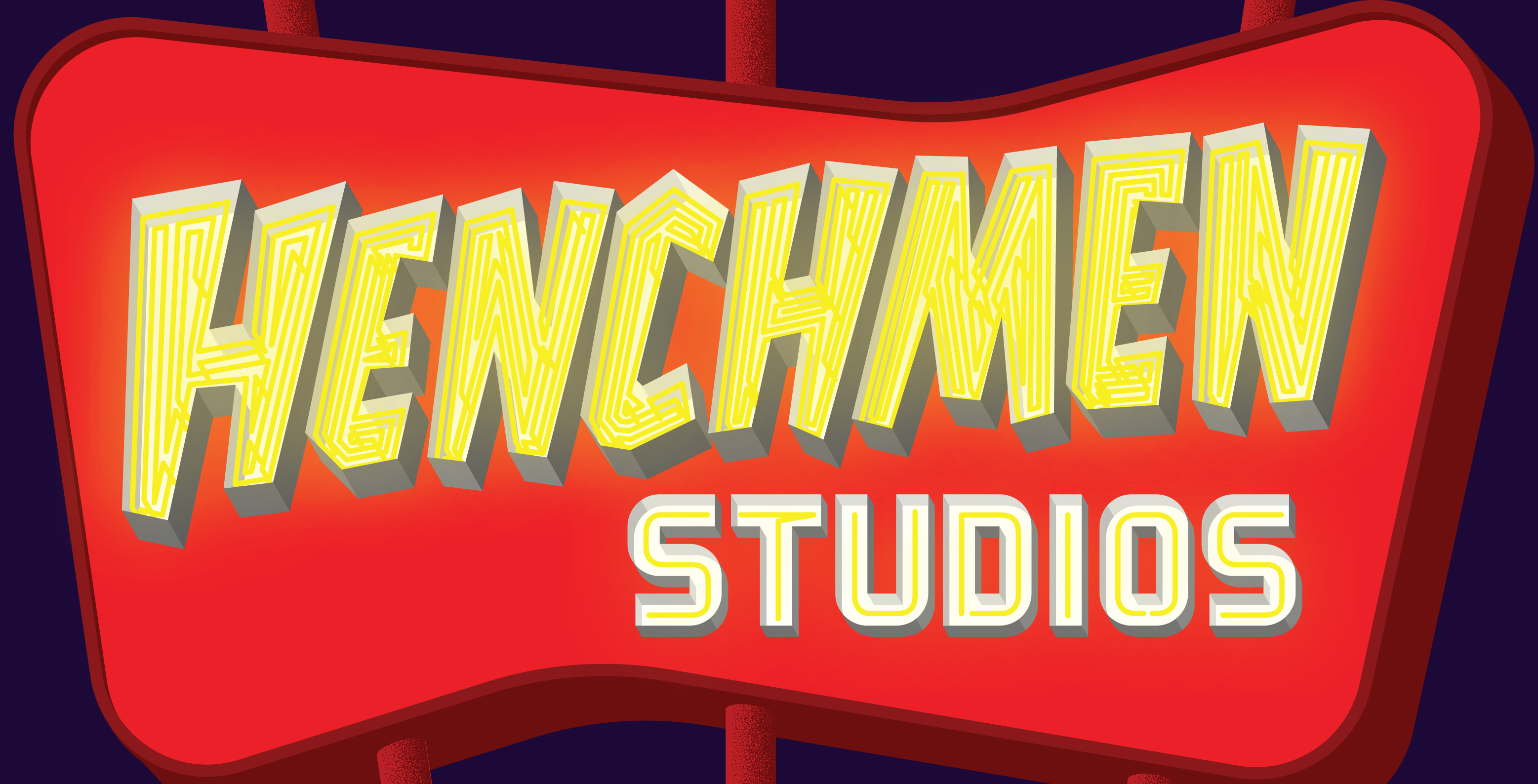 Illustration of red sign with glowing yellow Henchmen Studios logo