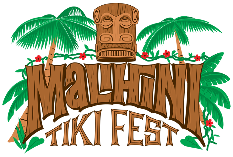 Logo for Malihini Tiki Fest, with a tiki head on top and palm trees behind