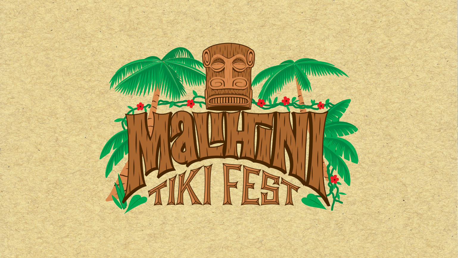 Logo for Malihini Tiki Fest, with palm trees on the side and a tiki head in the middle