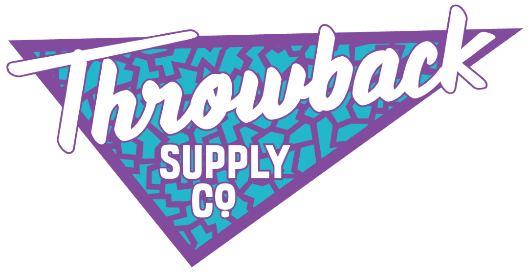 Logo for Throwback Supply Co, blue crackled background with purple linework