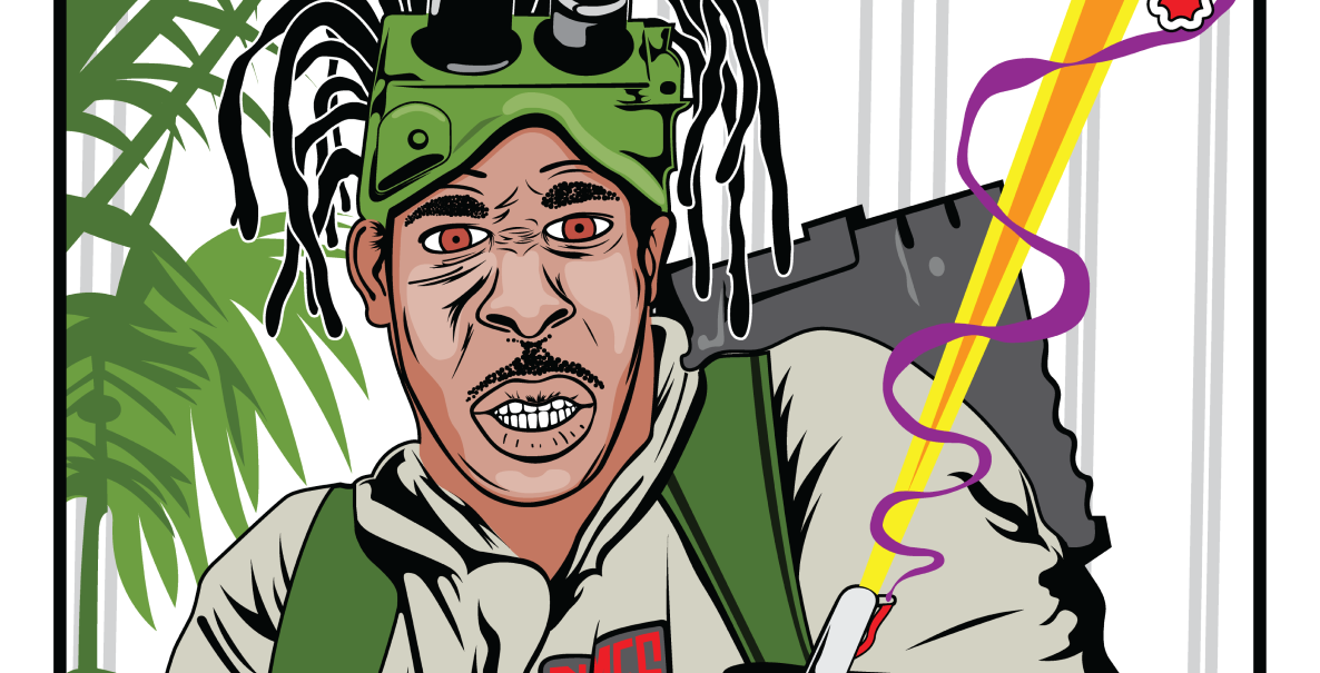 Busta Rhymes dressed up as a Ghostbuster