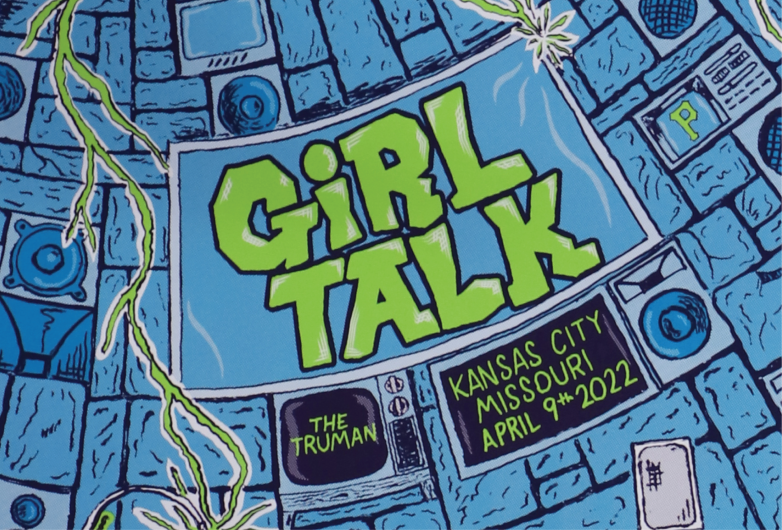 Girl Talk concert poster with a mad scientist on it.
