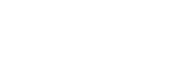 Polly's pop logo, black background and white, curly font