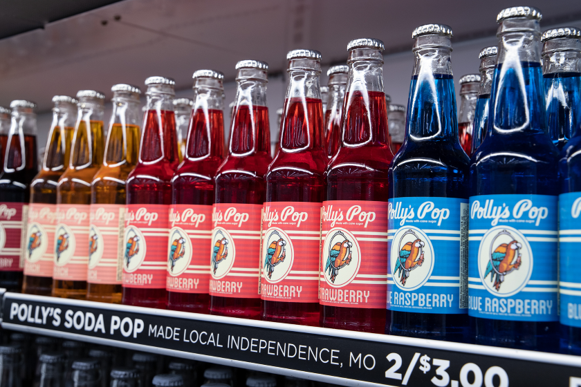 Colorful Polly's Pop Sodas on a store shelf