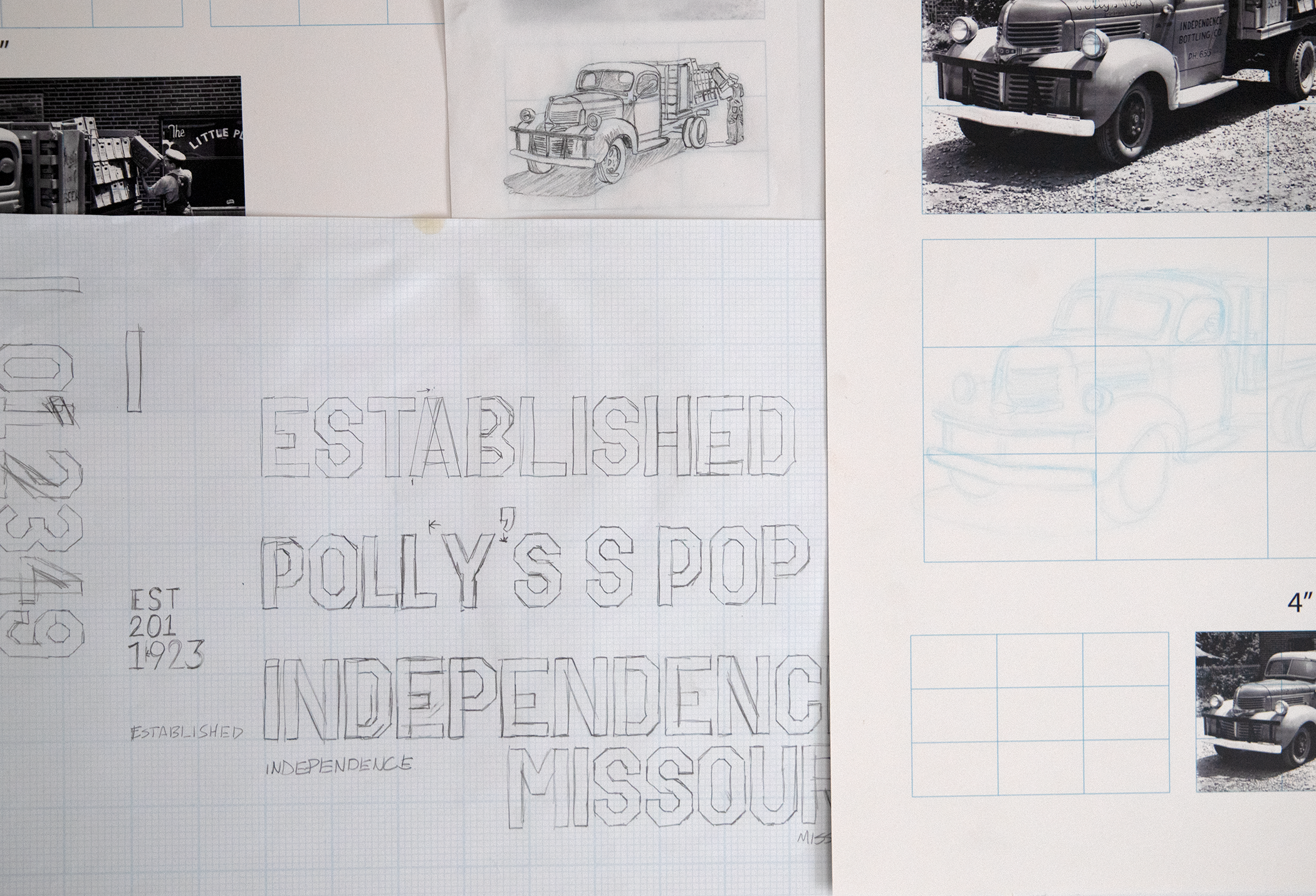 Sketch processes of Polly's Pop logo on paper